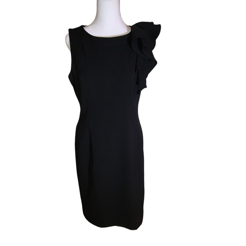 Calvin Klein "Little Black‎ Dress" W/Large Ruffle Over Shoulder Left Side Sz 8